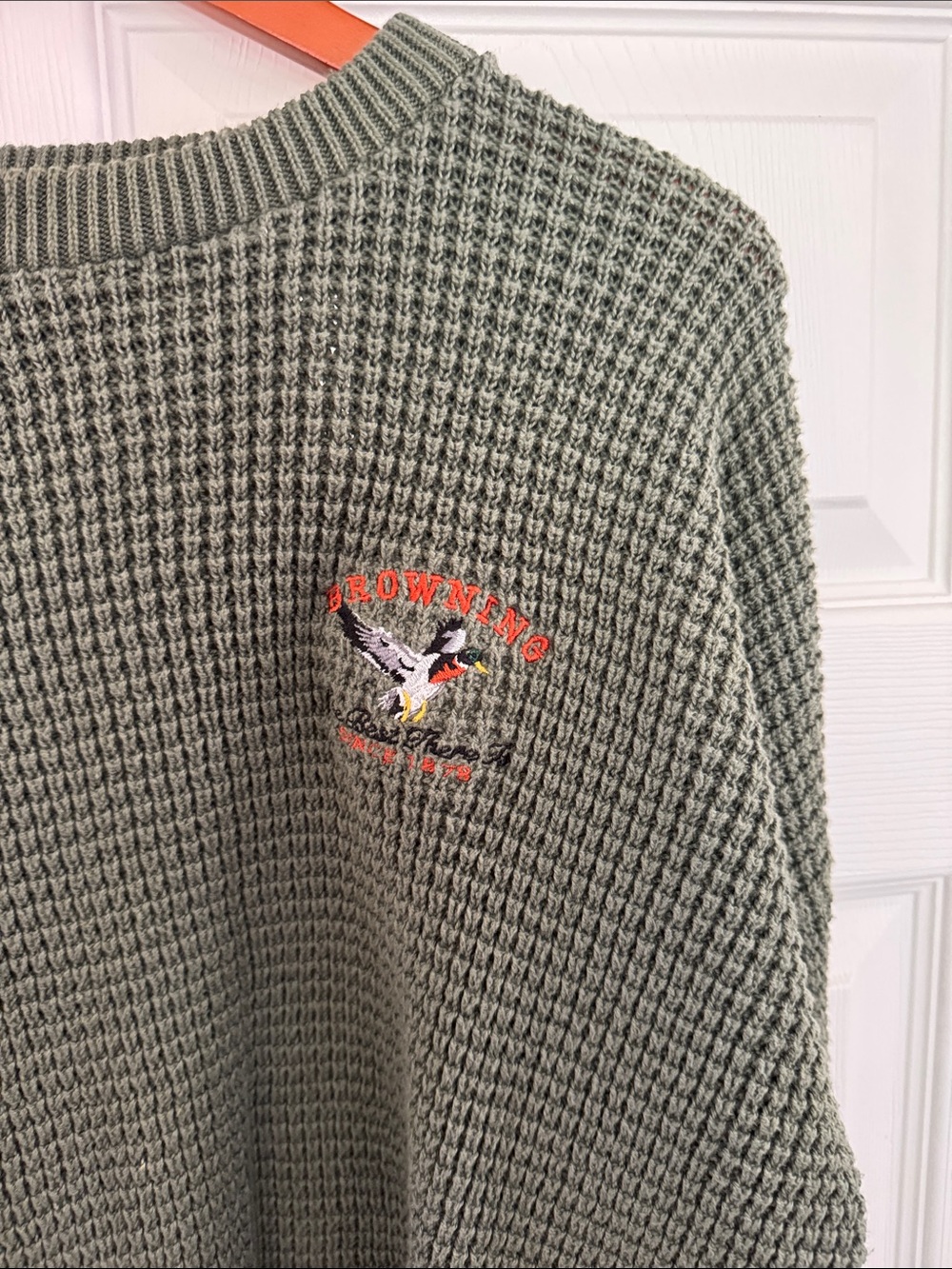 Vintage Browning Men's Olive Green Knit Sweater - Casual Waffle Crewneck - Picture 2 of 10